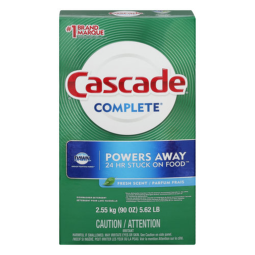 Dawn. Grease fighting power. Powers away 24 hr stuck on food. No 1 brand Marque recommended in North America (More dishwasher brands in North America recommend Cascade vs. any other automatic dishwashing detergent brand; recommendations as part of co-marketing agreements). Cascade believes in the safety and quality of our products. Phosphate free. Safe for septic tanks. Sold by weight. Contents may settle. Good Housekeeping: Since 1909. Quality tested. Limited warranty. ghseal.com for details. www.cascadeclean.com. www.pg.com. Questions? 1-800-765-5516 www.cascadeclean.com. Visit Cascadeclean.com to learn more about what goes into our products and why we make those choices.  Try cascade platinum, our best clean. Upgrade to Actionpacs for a more powerful clean. Try cascade platinum actionpacs for 4x more power than powder (Four times concentrated to clean better vs. cascade powder recommended usage). Box is made from 90% recycled content with 35% minimun post consumer.