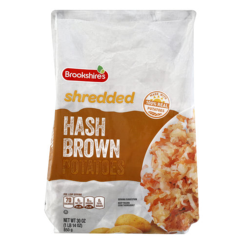 Made with 100% real potatoes. Per 1 cup serving: 70 calories; 0 g sat fat (0% DV); 0 mg sodium (0% DV); 0 g total sugars. Brookshire's potatoes are harvested at the peak of flavor, expertly prepared, then freeze-packed so they come to you nature-good and full of savory flavor. Just brown and serve for a delicious treat your whole family will enjoy. If you're not happy, we're not happy. 100% satisfaction, 100% of the time, guaranteed! brookshires.com. Questions? Call US at 1-888-937-3776 brookshires.com. Product of USA.