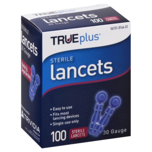 30 gauge. Easy to use. Fits most lancing devices. Single use only. Made in China.