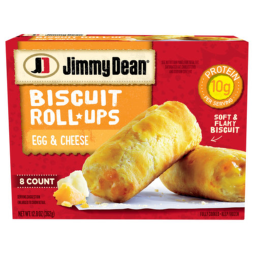 Help add power to your mornings with Jimmy Dean Frozen Biscuit Roll-Ups. Real eggs and cheese are rolled into a soft and flaky biscuit for a delicious, portable breakfast at home or on the go. Made with no high fructose corn syrup and containing 10 grams of protein per serving, our biscuit roll-ups provide a protein packed option for your breakfast routine. Simply microwave and serve for an on the go breakfast. Includes one 12.8 oz package of 8 biscuit roll-ups. Jimmy Dean once said, "Sausage is a great deal like life. You get out of it what you put in." Which pretty much sums up his magic formula for having a great day. Today, the Jimmy Dean Brand team brings you many ways to add some sunshine to your morning. Today's your day to shine on.