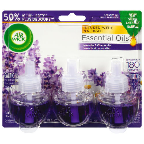 New! Smells amazingly natural. Infused with natural essential oils. Up to 180 days (per pack based on low setting). 3 Refills. 50% more days (compared to Air Wick twin refill). Use with Air Wick plug-in diffuser. Great fragrance. Infused with essential oils. Free from: Phthalates. Health. Hygiene. Home.