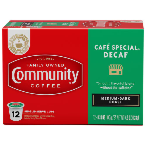 EST. 1919. Family owned. Compatible with single-serve brewing systems, including Keurig K-Cup Brewers. Our Cafe Special Decaf is designed to highlight coffee beans known for their sweeter profile. We roast this coffee to a medium-dark color to bring out notes of caramel and cocoa, giving you the taste of your favorite cafe without the caffeine. Our Story: Over 100 years ago my great-grandfather, Cap Saurage, created the very first batch of our signature coffee. He blended and served a cup so delicious that it became a local favorite. Out of appreciation for his community of friends and customers, Cap named it - Community Coffee. - Four generations later, we are dedicated to creating a variety of distinctive, full-flavored coffees. We blend and roast each coffee to reach its full flavor potential, giving you a rich, smooth coffee experience every time. Please recycle. Proof of Purchase: Cash for schools. 1 Point. communitycoffee.com/cashforschools. Making a difference cup by cup. We believe it is important to do more than make great coffee. By supporting and giving back to local communities, every cup makes a difference to the people and places that make us Community Coffee. To learn more, visit communitycoffee.com/giving-back.