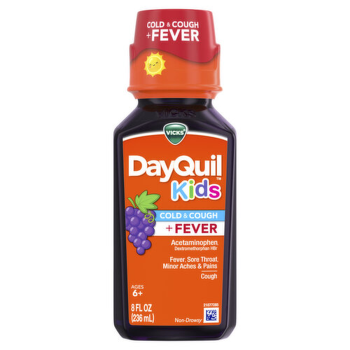 Vicks DayQuil Kids Grape Cold & Cough + Fever Multi-Symptom Relief Liquid, Specially Formulated for Kids Ages 6+