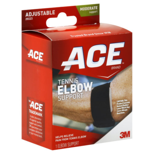 Helps relieve pain from tennis elbow.  The Ace Trademark is your assurance of superior quality, support and comfort. Trusted brand since 1918. Can be used for Tennis Elbow, Golfer's Elbow, Little League Elbow. Comfortable support that permits continued activity. Helps reduce pain and elbow strain. Air cushion provides targeted compression. Adjustable hook and loop fastener for quick, easy application. The Ace Brand Tennis Elbow Support is designed to provide you with optimal support you need while assuring proper fit and comfort. Provides adjustable levels of compression, support and therapeutic heat retention to help relieve symptoms associated with strains, sprains, arthritis and muscle pain. Made in China for 3M.