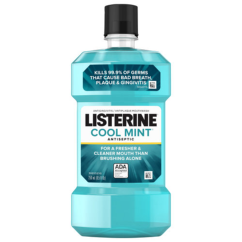 Protect your mouth from germs and get fresh breath with the Listerine Cool Mint Antiseptic Mouthwash. Accepted by the American Dental Association (ADA), this germ-killing mouthwash for bad breath is clinically shown to reduce plaque 52 percent more and reduce gingivitis 21 percent more than brushing and flossing alone. Adding a 30-second rinse of this refreshing mint flavored oral rinse to your morning and evening oral hygiene routines is all it takes to get 24-hour germ protection against those that cause bad breath, plaque, and gingivitis. *Germ kill provides sustained plaque reduction after a dental cleaning. Rinse is not intended to replace brushing or flossing. Use product only as directed. **when used twice daily