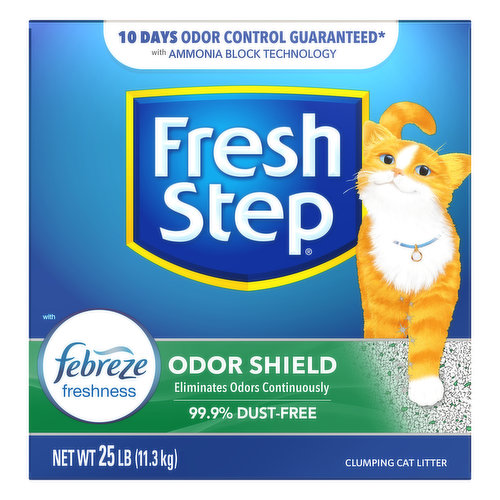 With Febreze freshness. Eliminates odors continuously. 99.9% dust-free. Clumps Tight with Fresh Step. ClumpLock Technology: Locks in liquid and odor on contact to form tight clumps and make scooping easy. Total Odor Control with the Power of Febreze. Long-lasting 10-day odor control for even the strongest litter box odors, and leaves behind a fresh clean scent. 99.9% Dust-Free: For cleaner surfaces and clearer air, Fresh Step odor shield is 99.9% dust-free. Pet Friendly: Created by the makers of Fresh Step with your cat's health and happiness in mind. Sold by weight, not volume. Contents may settle during shipping. 10 days odor control guarantee (For complete terms and conditions, see freshstep.com/guarantee) with ammonia block technology. how2recycle.info. www.freshstep.com. Questions or comments? Please visit our website at www.freshstep.com or call 1-800-325-9259. 50 Paw Points Rewards: Join Paw Points & turn litter into rewards! Earn rewards for buying the litter you love. How to Earn Points: Sign up on freshstep.com/joinnow or download the Paw Points app. Flip open the tab to find your unique Paw Points code. Enter the code or upload your purchase receipt and earn 50 points! Join Paw Points Today! Download our app to upload your receipt or use the code inside the box and visit www.freshstep.com/joinnow to learn how. Made in USA of global ingredients.