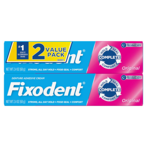 Our most popular product, Fixodent Original, guarantees a great fit and a strong, long hold. Eat, drink, laugh, and talk with confidence when you use Fixodent Original. Clinically Proven in full denture wearers. Strong hold that lasts all-day:: Strong, All-Day Hold + Food Seal + Comfort. Promotes a more comfortable denture fit with a powerful seal to help prevent food from getting between dentures and gums. Formulated with Breath Bacteria Shield Technology. Comes in a recyclable carton. From the #1 Dentist Recommended Brand*. ADA Accepted. Experience Life, Not Dentures. *among dentists that recommend brands of adhesive