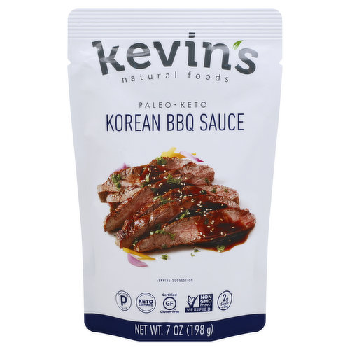 Pan-seared steak in a sweet and spicy Bulgogi sauce made with coconut aminos, garlic, and toasted sesame seeds. 2 g sugar per serving. Certified paleo. This product is keto certified. ketocertified.com. Certified gluten-free. Soy free. Dairy free. Vegetarian. Non GMO Project verified. nongmoproject.org. No preservatives. 10-minute recipe. Korean BBQ steak. www.KevinsNaturalFoods.com. More recipes at KevinsNaturalFoods.com. Product of USA.