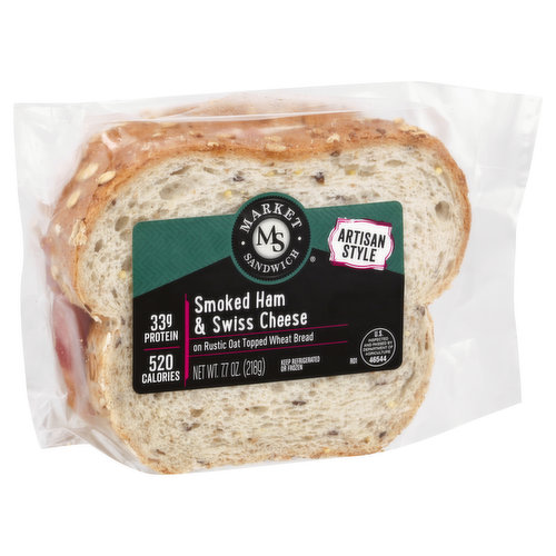 Smoke ham & Swiss cheese on rustic oat topped wheat bread. 33 g protein; 520 calories. Contains a bioegineered food ingredient. Inspected for Wholesomeness by U.S. Department of Agriculture. www.marketsandwich.com.