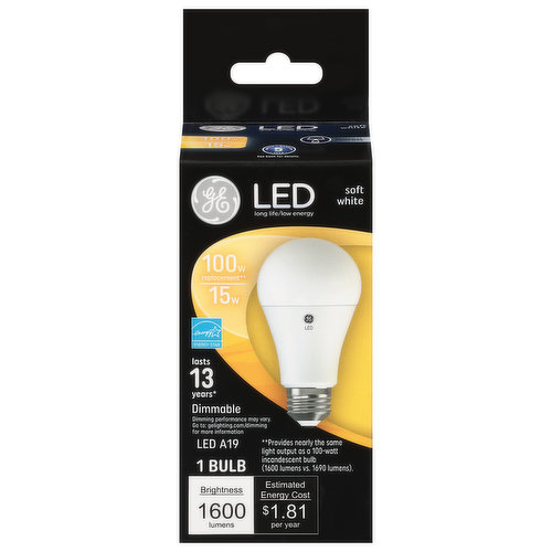 Brightness Quantity: 1600 lumens. Energy Info: $1.81 based on 3 hrs/day, 11 cents/kWh. Cost depends on rates and use. 15 watts. Package Info: 1. Bulb Info: Indoor. LED. Is Dimmable. Has Energy Star Logo. Screw. Medium base. Bulb Life: 13.7 years based on 3 hrs/day Bulb Appearance: 2700 k.