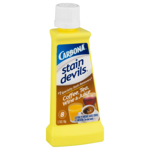 No. 1 specialty stain removers (Based on unit sales). Spot remover for washable & dry clean only fabrics. From grease stains to ink stains, Carbona Stain Devils are specifically-formulated to remove any laundry stain from washable and dry clean only fabrics. For the messiest of life's moments, claim your stain-victory with Carbona. Stain Devils Stain Chart: No. 1: Nail Polish, Glue & Gum: Adhesives, candle wax, correction fluid. No. 2: Chocolate, Ketchup & Mustard: Pizza, sauces, salsa, spices. No. 3: Ink, Marker & Crayon: Pen, pencil, highlighter, dry erase marker, chalk. No. 4: Blood, Dairy & Ice Cream: Baby formula, eggs. No. 5: Fat & Cooking Oil: Butter, margarine, cooking grease, lard, mayonnaise, pesto. No. 6: Grass, Dirt & Makeup: Mascara, lipstick, foundation, toothpaste, pollen. No. 7: Motor Moil, Tar & Lubricants: Machine oil and grease, lotion, tree sap, shoe polish, fuel, ash and soot, floor wax. No. 8: Coffee Tea, Wine & Juice: Cola, baby food, fruits & vegetables, jelly, jam, syrup, mold & mildew, urine, perfumes, nicotine. No. 9: Rust & perspiration. Join the Conversation: Facebook. Twitter. Pinterest. Instagram. YouTube/CarbonaUSA. There are nine different Stain Devils - each contains a unique formula that has been engineered to remove the most difficult stains. This also one of reasons why Stain Devils are the No. 1 specialty stain removers. Made in Germany by: delta pronatura, Egelsbach.