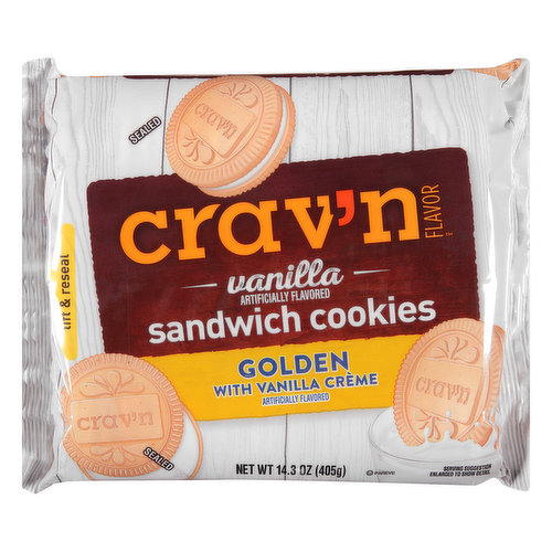 Crav'n Flavor Sandwich Cookies, Vanilla, Golden with Vanilla Creme