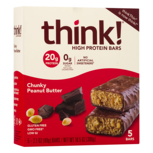 20 g Protein. 0 g Sugar per bar. Gluten free. Certified Gluten-Free by GFCO. No artificial sweeteners (Does not contain sucralose, saccharin, aspartame, acesulfame potassium, neotame, or advantame). Low GI. Not a low calorie food. GMO free (All ingredients have been produced without genetic engineering). ThinkThin is now Think! Each think! bar blends delicious, crave-worthy flavors with the hunger-fighting protein punch you need to accomplish your goals. So, whether you are on the go, need a snack halfway up the trail, or crave a pick-me-up before your workout, grab a think! bar. Every bite of this Chunky Peanut Butter protein bar is chock-full of wholesome roasted peanuts covered in delicious chocolate. I think! I can. GI Labs tested. www.thinkproducts.com.