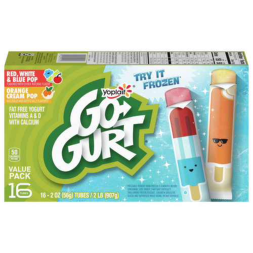 Enjoy your favorite Ice Cream novelties a easy tube. Go-Gurt Red White & Blue Pop and Orange Cream Pop has two of your favorite treats. 8 of each flavor.