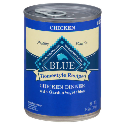 Calorie Content (Me Calculated): 1,254 kcals/kg, 451 kcals/can. Nutrition Statement: Blue Homestyle Recipe Chicken Dinner with Garden Vegetables is formulated to meet the nutritional levels established by the AAFCO Dog Food Nutrient Profiles for maintenance.