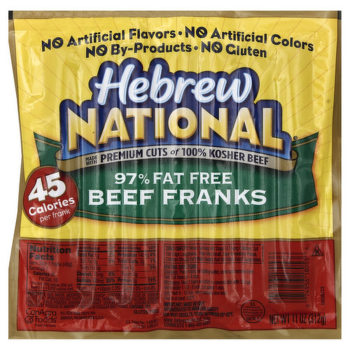 Made with premium cuts of 100% Kosher beef. No artificial flavors. No artificial colors. No by-products. No gluten. 45 calories per frank. Food you love. Gluten free. US inspected and passed by Department of Agriculture. www.hebrewnational.com. Comments: 1-866-432-5281.