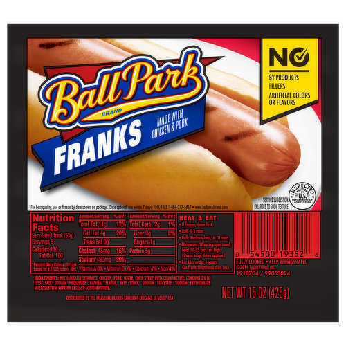 Ball Park Classic Hot Dogs are made with no artificial flavors, colors, fillers or by products. The bold flavor of Ball Park hot dogs is perfect for all your outdoor barbecues. Heat and eat Ball Park franks on the grill, in the microwave or on the stove. Grill a Ball Park hot dog and top it with chili or keep it simple with ketchup and mustard. Each pack includes 8 hot dogs.