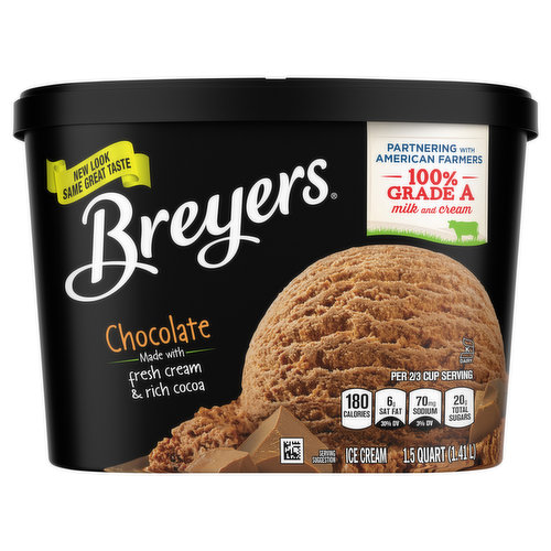 America loves chocolate ice cream, and so do we! Breyers Chocolate Ice Cream is made with Non-GMO sourced ingredients like fresh cream, milk, and sugar and is also gluten-free. And that flavorful chocolate satisfying your taste buds? That’s real cocoa we use in every ice cream tub. It's the chocolate ice cream of your dreams, rich and creamy with just the right amount of sweetness.   When William Breyer started his small ice cream business in Philadelphia in 1866, he based his recipes around simple and pure ingredients. More than 150 years later, we still honor that same philosophy. We always start with high-quality ingredients like fresh cream, milk, and sugar and combine them with naturally sourced colors and flavors for wholesome goodness. This combination is how we create flavors you know and love. Our dairy comes from American farmers who produce 100% Grade A milk and cream from cows not treated with artificial growth hormones*.  Discover your new favorite frozen dessert from Breyers’ many classic ice cream flavors today, like our Homemade Vanilla Ice Cream, Mint Chocolate Chip Ice Cream, Natural Strawberry Ice Cream, and more.   * The FDA states that no significant difference has been shown between dairy derived from rBST-treated and non-rBST-treated cows.