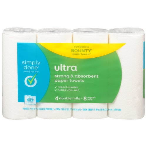 Compare to Bounty Paper Towels (This product is not manufactured or distributed by Procter & Gamble, owner of the registered trademark Bounty). Ready for life. Thick & durable. Works when wet. 4 double rolls = 8 regular rolls (based on a regular-size roll with 55 sheets). From jostled juice to cruddy counters, clean up spills and messes in a single swipe. Our ultra strong & absorbent paper towels are so thick, strong, and absorbent they work when wet. Get the quick durability of the national brand with the affordable value of Simply Done. FSC: Mix - Paper from responsible sources. www.fsc.org.