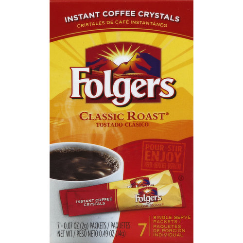 Pour. Stir. Enjoy. Enjoy the rich taste and aroma of Folgers Instant Coffee Crystals you love, in a single serve packet. Questions? 1-800-937-9745. folgers.com. To-go - to work - to school - to run errands - on business trips - camping - on vacation - to hotel stays - anywhere. Partially produced with genetic engineering.