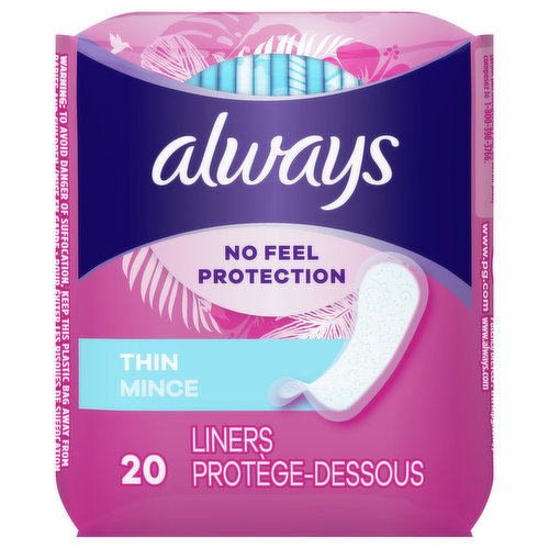 Thin and absorbent. Breathable layer. Individually wrapped. Always Liners Guarantee: If not satisfied with the performance of Always Liners, send original receipt and UPC within 60 days of purchase for a refund. Limited to one redemption per name, address or household; no organizations. Call 1-800-398-3766 for more information. www.pg.com. www.always.com. how2recycle.info. Questions? 1-800-888-3115. Assembled in Canada.