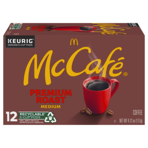 Genuine K-Cup pods. Brighten your day with McCafe, a simply delicious coffee that keeps good going. Brew good by the cupful. Quality: We start with premium arabica beans, then expertly roast in a temperature-controlled environment to bring out the best taste, every time. Premium Roast: Bring the deliciously familiar taste from McCafe into the comfort of your own home. This medium roast blend is simply satisfying with a rich aroma, smooth body and clean finish. Only Genuine K-Cup Pods are optimally designed by Keurig for your Keurig coffee maker to deliver the perfect beverage in every cup. Recyclable K-Cup pods (Not recycled in all communities). Peel, empty, recycle. Please recycle. Sustainability: Using 100% responsibly sourced coffee supports a healthier planet and an improved quality of life for farming communities. Peel: Starting at puncture, peel lid and dispose. Empty: Compose or dispose of grounds. (filter can remain). Recycle: Check locally (not recycled in all communities) to recycle empty cup.