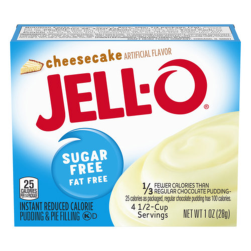 Something sweet to smile about without sugar, Jello Sugar Free Cheesecake Instant Pudding & Pie Filling Mix tastes delicious whether you enjoy it as a treat or use it as an ingredient in your favorite dessert recipes. Fun to make with your kids, our sugar free cheesecake pudding mix can also be used to create a poke cake, tasty crepes or pie filling. You'll feel good about serving our sugar free pudding mix that is also fat free and is 1/3 the calories of regular chocolate pudding. Your whole family can enjoy the delicious taste of Jello pudding in any sugar free dessert. Our sugar free cheesecake pudding is ready in as little as five minutes. Simply stir milk into the sugar free pudding mix and allow to set. Every sugar free Jello cheesecake pudding mix comes packaged in a 1-ounce sealed pouch.