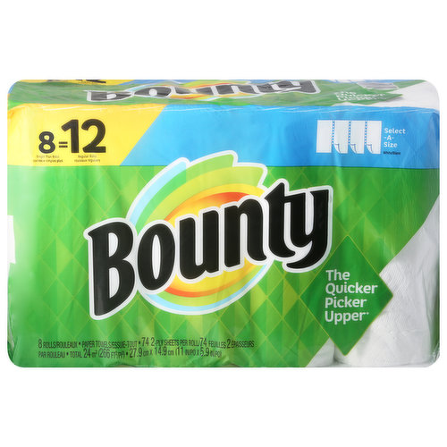 74 2-ply sheets per roll. Total 24 sq. m (266 sq ft). 27.9 cm x 14.9 cm (11 in x 5.9 in). 8 single plus rolls = 12 regular rolls. Select-A-Size. The quicker picker upper (vs. leading ordinary brand). www.BountyTowels.com. www.pg.com. how2recycle.info. Questions? Comments? Call 1-800-9-Bounty. Try Bounty Napkins. Made in the USA from domestic and imported materials.