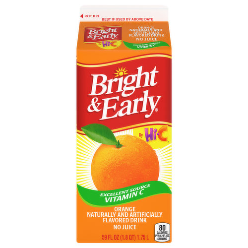 When your family asks for a refreshing fruit juice flavored drink to enjoy with breakfast, reach for a cold carton of Bright & Early. With its smooth and vibrant fruity taste, and a full days supply of vitamin C in every serving, its sure to satisfy everyone at the table.Available in Orange, Apple, and Grape flavored varieties  its never too early for Bright & Early!