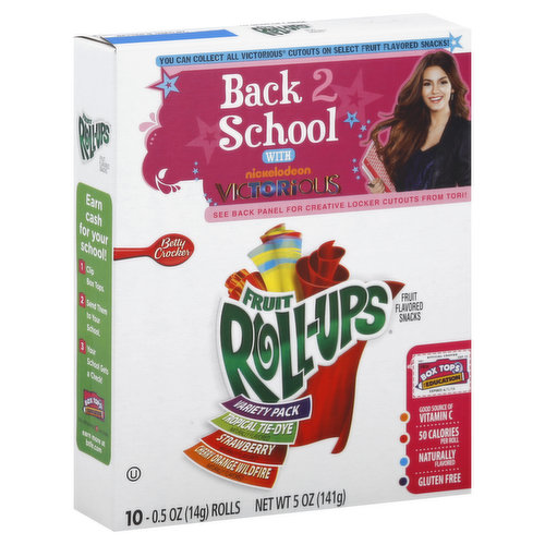 Tropical Tie-Dye. Strawberry. Cherry Orange Wildfire. Naturally flavored. Good source of vitamin C. 50 calories per roll. Gluten free. Made with real fruit. Carbohydrate Choices: 1.