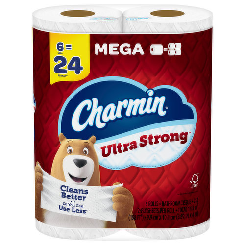 6 mega = 24 regular (based on number of sheets in Charmin Regular Roll). Cleans better. So you can use less (vs. USA leading 1-ply bargain brand). 1 mega = 4 regular rolls (based on number of sheets in Charmin Regular Roll). Charmin is safe for your sewer or septic system. FSC: Mix - Paper from responsible sources. www.fsc.org. Rainforest Alliance certified. Learn how Charmin helps to protect, grow and restore trees at charmin.com. Protect + grow + restore. Learn more at charmin.com.