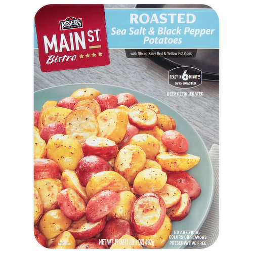 Make dinner memorable with the made-from-scratch taste of Main St Bistro Roasted Sea Salt & Black Pepper Potatoes. This delicious oven roasted side fully prepared dish is ready in minutes so it pairs quickly and easily with your favorite entree. A medley of oven roasted sliced baby red, yellow, and purple potatoes seasoned with sea salt and black pepper. Heat in the microwave or oven and get that great roasted taste without all of the preparation.