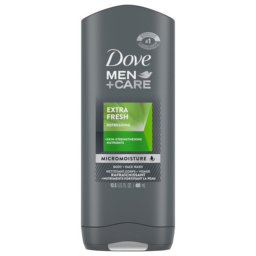 Get healthier, smoother feeling skin all day with Dove Men+Care refreshing Extra Fresh body and face wash. With the refreshing scent of invigorating mandarin and masculine sandalwood, this bodywash will soothe your senses and nourish your skin. It has plant-based ingredients and nutrients for healthier, smoother skin all day. Our body wash is paraben-free and is made with plant-based moisturizers to transform even the driest skin in just one shower. Squeeze a generous amount of Dove Men+Care body wash for men into your palms. Massage the hydrating body wash onto your skin, taking a moment to enjoy the rich lather before rinsing off. This body wash is Certified Cruelty-Free by PETA and is made in 100% recycled plastic bottles, so you can feel good about switching to Dove Men+Care. We are also committed to a landmark new initiative as part of our 2025 commitment to reduce plastic waste. This includes reducing over 20,500 metric tons of virgin plastic annually by making the iconic beauty bar packaging plastic-free globally, launching new 100% recycled plastic bottles, and trialing a new refillable deodorant format that reduces plastic waste over time. As one of the largest personal care brands in the world, we are revealing an agenda-setting commitment to tackle the global personal care industry's plastic waste issue.