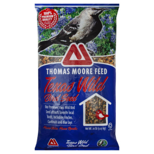 100% premium quality. 150+ years of experience. Our premium Texas Wild Bird Seed attracts favorite local birds, including finches, cardinals and blue jays. Moore bale. Moore results. Go Texan. www.moorefeed.com. Texas family. Texas feed. For more than 150 years, my family has farmed the banks of the Brazos River, raising generations of Texans steeped in pride and tradition. After fighting in the battle of San Jacinto, my great-grandfather, Robert Moore, set his sights on the fertile land of the Brazos Valley with a vision of tenacity that has come to characterize the Moore family name. We have worked the land for five generations, raising cotton, corn and cattle, with a commitment to producing the highest quality products. Today, Thomas Moore Feed provides bulk and bag feed to the finest retailers and customers in Central Texas. You will be comforted to know that our family, much like your own, has a deep appreciation for local wildlife. There is nothing like gazing out your window at a bird feeder, enjoying the little dramas of its winged patrons - a soap opera starring colorful cardinals, blue jays and finches, not-to-mention the occasional squirrels and seasonal hummingbirds. Whether you're a backyard bird enthusiast or an avid bird watcher, know that you can rely upon the Moore family to supply you with the very best seed available. My entire family and I want to thank you for putting your trust and faith in us. We promise not to let you down. - Owner, Matt Moore.