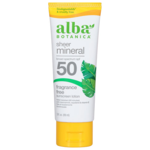 Alba Botanica Sunscreen Lotion, Sheer Mineral, Fragrance Free, SPF 50