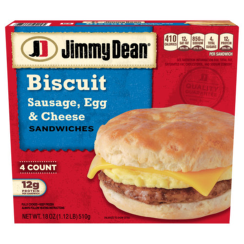 Greet the day with a Jimmy Dean Sausage Egg and Cheese Biscuit Breakfast Sandwich. Featuring sausage, eggs and cheese on a biscuit, Jimmy Dean biscuit sandwiches make morning the most delicious part of the day. With 12 grams of protein per serving, this Jimmy Dean breakfast sandwich gives you fuel to help get you through your day. Microwave each frozen breakfast sandwich for a delicious breakfast.