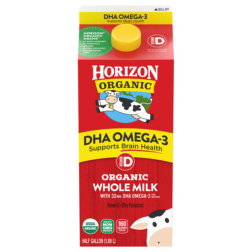 Treat your family to the goodness of Horizon Organic Whole Milk with DHA Omega-3. Rich, delicious taste isn’t the only thing that makes this milk special: it’s also wonderfully wholesome and made to meet the highest USDA Organic standards. Plus, each serving of this whole milk features 32mg of DHA Omega-3—a valuable nutrient that may help support brain and eye health—along with vitamin D, vitamin A, and protein.
More than 20 years ago, we became the first company to supply organic milk nationwide—and we’ve remained committed to the organic movement ever since. Our USDA Certified Organic products are made with non-GMO ingredients, from cows that are given no antibiotics, no persistent pesticides, and no added hormones.* We strive to do good by our cows, too: they spend much of their time out in the pasture where they feel most at home, and graze on a diet that includes organic grass. It’s all part of our commitment to making better choices for ourselves, our cows, and our planet. *No significant difference has been shown between milk from rbST-treated & non rbST-treated cows.