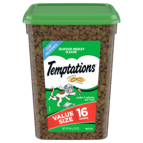 Calorie Content (Calculated): 3939 kcal ME/kg, 368 kcal ME/cup. Temptations Seafood Medley Flavor Cat Treats are formulated to meet the nutritional levels established by the AAFCO Cat Food Nutrient Profiles for adult maintenance.