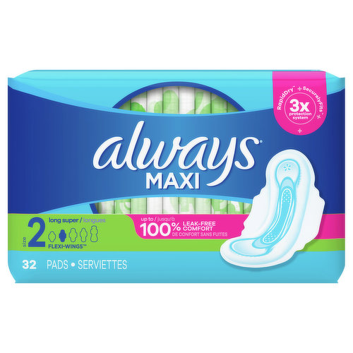 If you think all pads are exactly the same — think again. Discover Always Maxi pads with 3X Protection System for up to 100% leak-free comfort and RapidDRY, which wicks away gushes in seconds. Plus, the LeakGUARD core locks in leaks for long-lasting protection, while SecurelyFITS helps the pad stay in place. Always Maxi Size 2 Long Super Pads Unscented with Wings provide strong period protection, no matter what your day brings. It’s Always like never before.