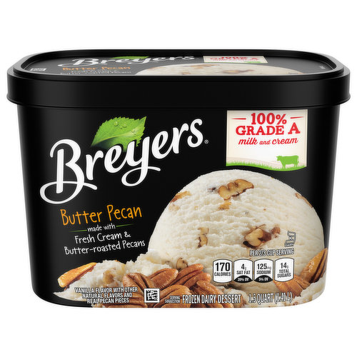Nothing beats our butter-roasted pecans and creamy Breyers vanilla dessert. So good, it is nuts! The pecans in this frozen dairy dessert were roasted in butter and then surrounded by delicious Breyers vanilla dessert. Back in 1866, when William Breyer started his small ice cream business in Philadelphia, he probably would have been seen as nuts to use the ingredients that he did. He valued great ingredients so much that he committed his ice cream to a pledge of purity, telling the world that only the best milk, cream, fruit, and other ingredients would do. Now, some 150 years later, we still follow the same commitments to using high-quality ingredients in our desserts. Our Breyers Butter Pecan is made with 100% Grade A milk and cream that come from cows not treated with artificial growth hormones*. We use flavors and colors from natural sources** and 100% sustainable vanilla. We believe that the quality of our ingredients makes delicious desserts, and that's why even today we keep true to William Breyer's pledge of purity. Try it yourself and leave us a review on Breyers.com or follow us @Breyers on Instagram! *The FDA states that no significant difference has been shown between dairy derived from rBST-treated and non-rBST-treated cows. **Our product, before the inclusion of any candies, cookies, sauces, or fruit from other suppliers, will fully abide by this claim.