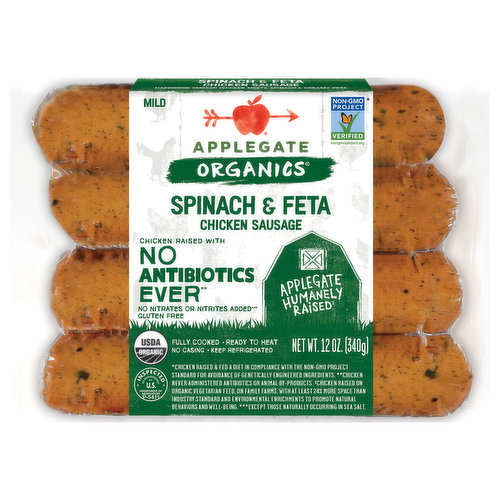 Applegate Organics Chicken Sausage, Spinach & Feta, Mild