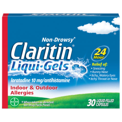 In Each Capsule Other Information: Safety sealed: do not use if the individual blister unit imprinted with Claritin Liqui-Gels is open or torn. Store between 20 degrees to 25 degrees C (68 degrees to 77 degrees F). Protect from freezing.