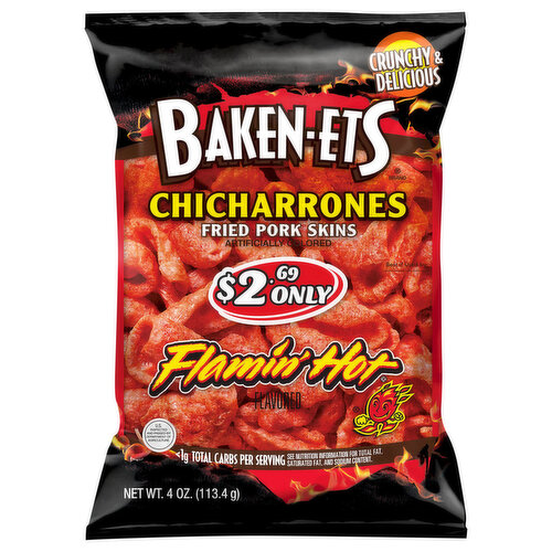 Baken-Ets Fried Pork Skins, Chicharrones, Flamin' Hot Flavored