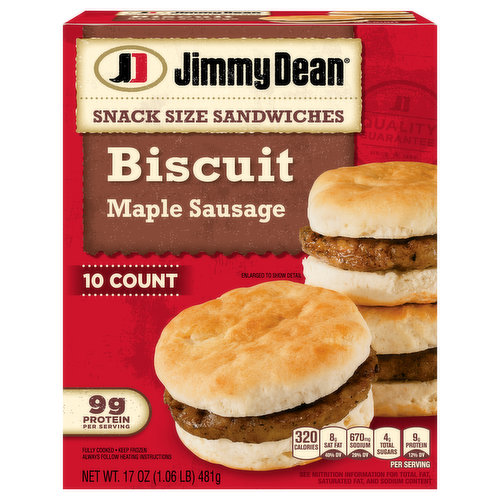 The best days start with sausage and biscuits. Featuring sweet and savory sausage patties on mini golden baked biscuits, Jimmy Dean Frozen Snack Size Maple Sausage Biscuit Sandwiches are delicious to the last bite. With 8 grams of protein per serving, these tasty little sandwiches are perfect for breakfast or snacking. Simply microwave and serve for a warm biscuit sandwich at home or on-the-go. Includes 10 biscuit sandwiches. Jimmy Dean once said, "Sausage is a great deal like life. You get out of it what you put in." Which pretty much sums up his magic formula for having a great day. Today, Jimmy Dean Brand brings you many ways to add some sunshine to your morning. Because today's your day to shine on.