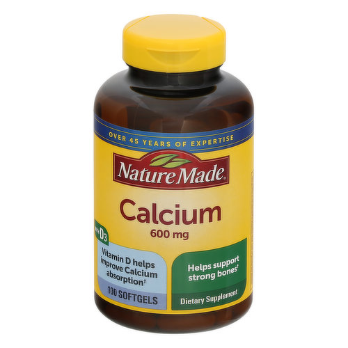Dietary Supplements. List No. 2508 L600. No artificial flavor. Gluten free. Over 45 years of expertise. With D3. Vitamin D helps improve calcium absorption. Helps support strong bones. May help reduce risk of osteoporosis. Adequate calcium and vitamin D throughout life, as part of a well-balanced diet, may reduce the risk of osteoporosis. No synthetic dyes - color derived from natural source. No preservatives. www.NatureMade.com (These statements have not been evaluated by the Food and Drug Administration. This product is not intended to diagnose, treat, cure, or prevent any disease.) Encapsulated and quality tested in the USA. Made to our guaranteed purity and potency standards.