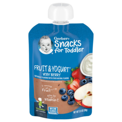 Fruit & Yogurt (Pasteurized after culturing). 1 serving of fruit (1 fruit serving is 1/4 cup for toddlers). Gerber Snacks for Toddler combines the goodness of real fruit & yogurt and a taste your little one will love. 1/4 apples. 11 berries. 3/4 strawberry. 2 tbsp yogurt in each pouch.