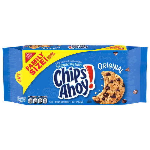 CHIPS AHOY! Original Chocolate Chip Cookies are the CHIPS AHOY! cookies you know and love, baked to have the perfect amount of crunch. These crispy chocolate chip cookies are loaded with lots of real chocolate chips to make delicious sweet treats or party favors. Enjoy the comforting taste of these classic cookies that are sure to become a household favorite. Make lunches at school or work more exciting by including CHIPS AHOY! chocolate chip cookies, or grab a pack to prep for a party or gathering. Regardless of the occasion these bite size cookies make a simple treat or dessert at home or on the go. The lift tab makes this 18.2 ounce package of bulk cookies easy to open and close for convenient storage.