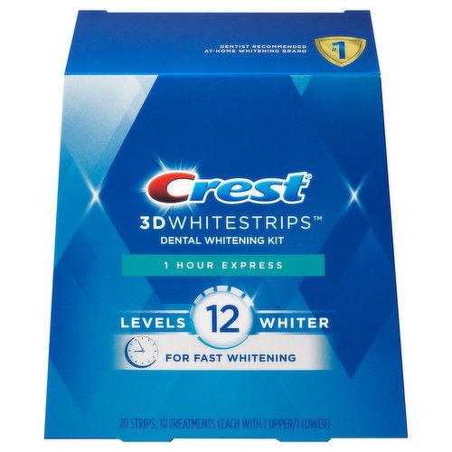 Need to quickly whiten your teeth at home? No matter what the occasion, all you need is 1 hour to remove years of teeth stains. Made by the #1 dentist-recommended at-home teeth whitening brand, Crest 3DWhitestrips 1-Hour Express will give you a 100% noticeably whiter smile, guaranteed. This enamel-safe, at-home teeth whitening treatment will make your smile 12 levels whiter in just 10 days. Plus, the Advanced Seal Technology’s comfortable, no-slip grip stays put, so you can talk and drink water and chat with friends even while whitening your teeth. Simply apply Crest 3DWhitestrips 1-Hour Express for 60 minutes a day for 10 days. This pack includes 20 teeth whitening strips, 10 for your top teeth and 10 for your bottom teeth, to be used over the course of 10 days.