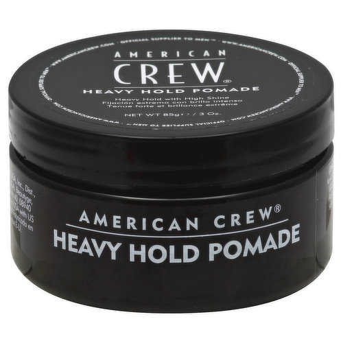 Heavy hold with high shine. Official supplier to men. www.americancrew.com. Water wax pomade provides heavy hold and high shine. 800-598-2739. Made in USA with US and non-US components.