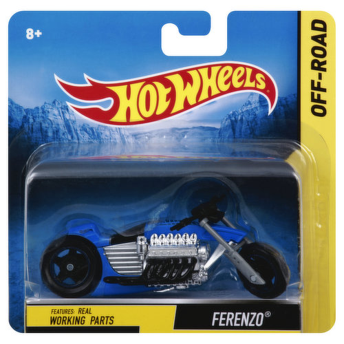 8+. Contents: 1 motocycle. Features: Real working parts. Collect them all! Fat Ride. Ferenzo. X-Blade. Rollin, Thunder. Twin Flame. X-Blade. Each sold separately, subject to availability. Colors and decorations may vary. hotwhells.com. Consumer information: Need assistance? Visit service.mattel.com or call 1-800-524-8697 (US and Canada only). CE listed. Conforms to the safety requirements of ASTM F963. Made in China.